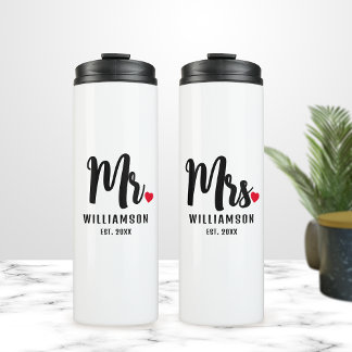 Mr. & Mrs. Script Personalised Name Monogram Heart Thermal Tumbler