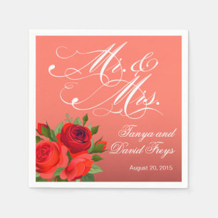 Mr. & Mrs. Script Typography Roses Floral coral Napkin