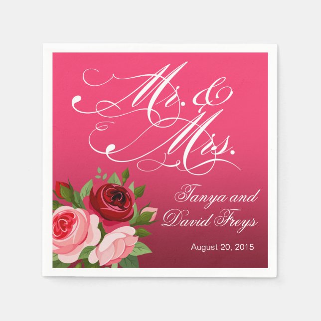 Mr. & Mrs. Script Typography Roses Floral fuchsia Napkin (Front)