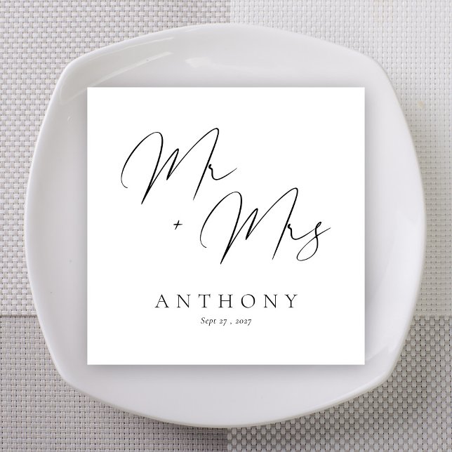 Mr & Mrs Script Wedding Custom Names Napkin (Classic White Bold Marker Mr + Mrs Custom Wedding Napkins)