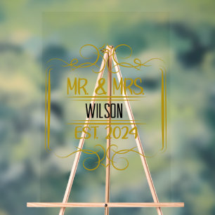 Mr. & Mrs. Scroll Add Name Gold Acrylic Sign