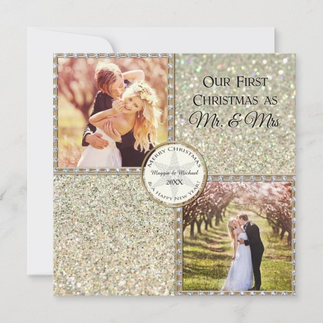 Mr. & Mrs. Shimmer Glitter Look Christmas Photo Holiday Card (Front)