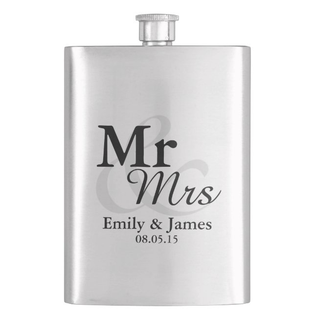 Mr&Mrs Simple Elegant Typography Wedding Favour Hip Flask (Front)