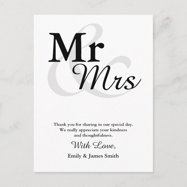 Mr&Mrs Simple Elegant Typography Wedding Thank You Postcard (Front)