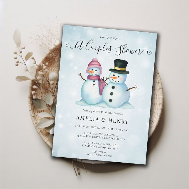 Mr Mrs Snowman Funny Winter Couples Bridal Shower Invitation (couples shower winter bridal mr mrs snowman funny cute invitation watercolor blue pink casual coed )