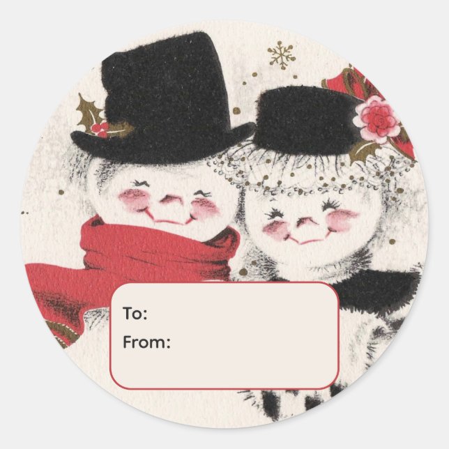 Mr. & Mrs. Snowman Personalized To and From Classic Round Sticker (Front)