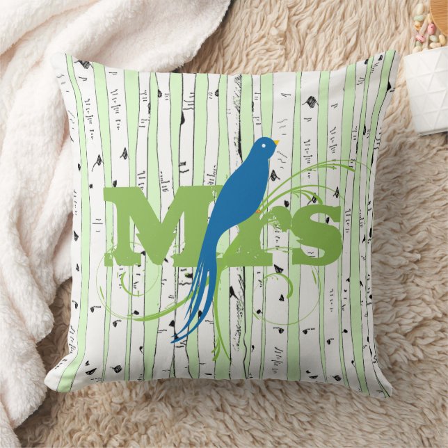 Mr Mrs Spring Green and Royal Blue Birch Tree Bird Cushion (Blanket)