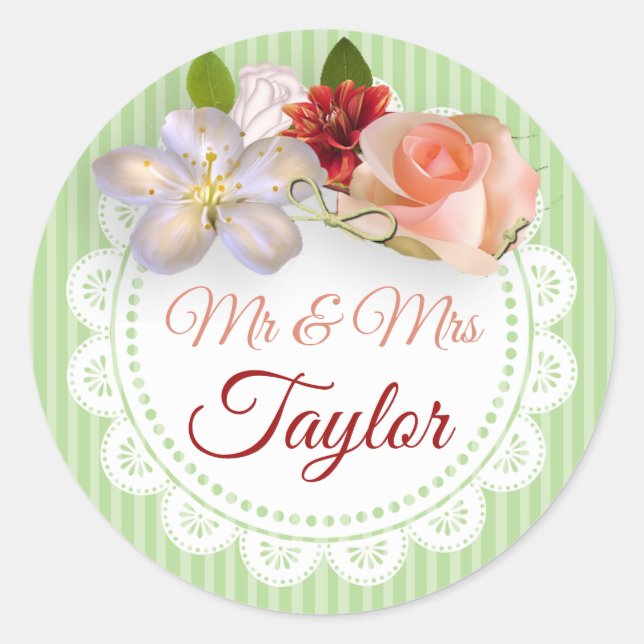 Mr & Mrs Stickers Sage Green  and Coral Floral (Front)