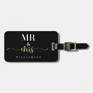 Mr & Mrs Stylish Black & Gold Stripe Newlyweds Luggage Tag
