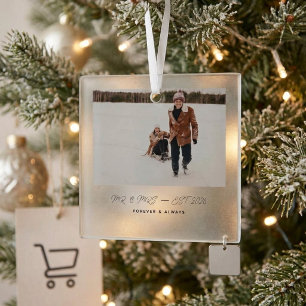 Mr. & Mrs. Tartan Plaid Newlywed Photo Christmas Glass Tree Decoration