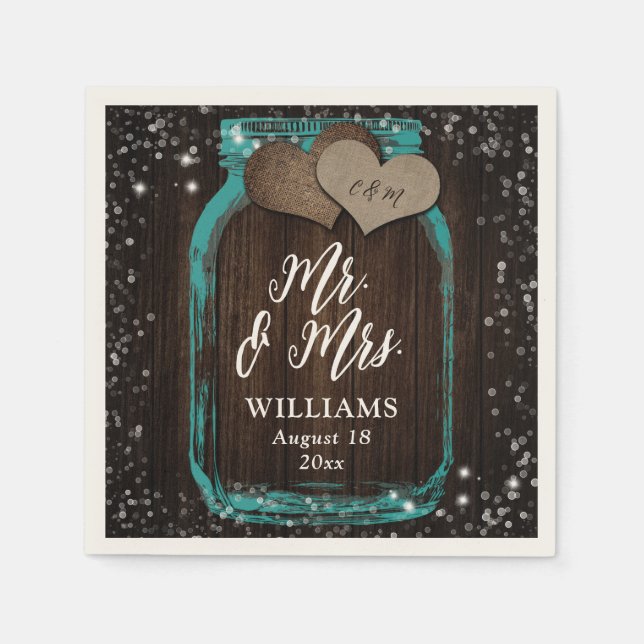 Mr. & Mrs. Teal Rustic Wood Mason Jar Wedding Napkin (Front)