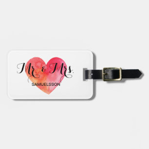 Mr. & Mrs. travel Luggage Tag watercolor heart