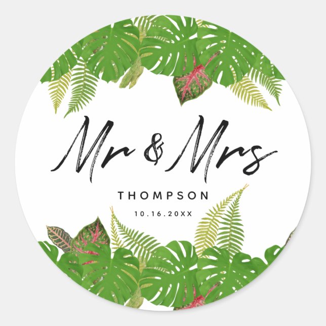 Mr. & Mrs. Tropical Leaves Script Wedding  Classic Round Sticker (Front)