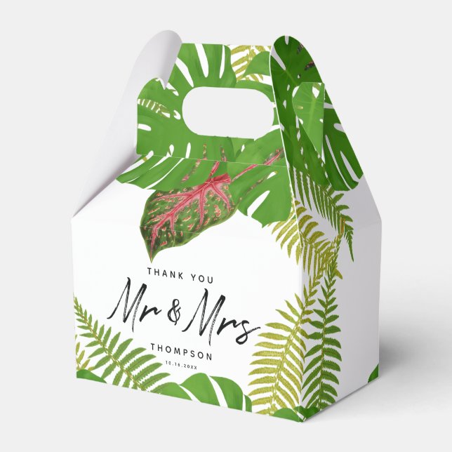Mr. & Mrs. Tropical Leaves Script Wedding  Favour Box (Front Side)