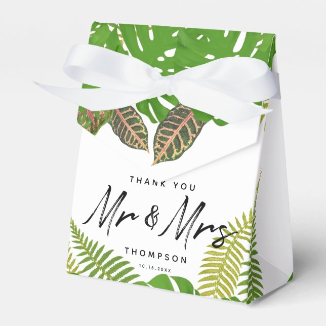 Mr. & Mrs. Tropical Leaves Script Wedding  Favour Box (Front Side)