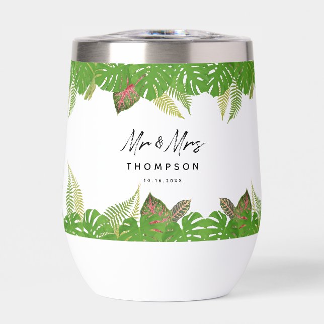 Mr. & Mrs. Tropical Leaves Script Wedding Gift (Front)