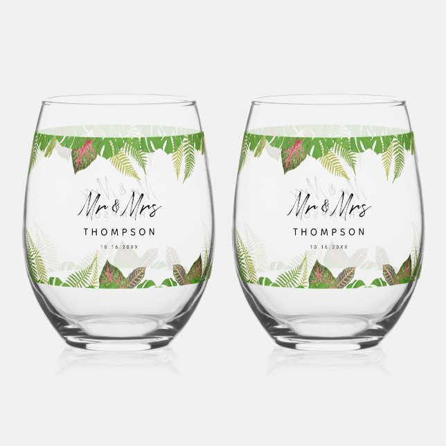 Mr. & Mrs. Tropical Leaves Script Wedding Gift Stemless Wine Glass (Front)