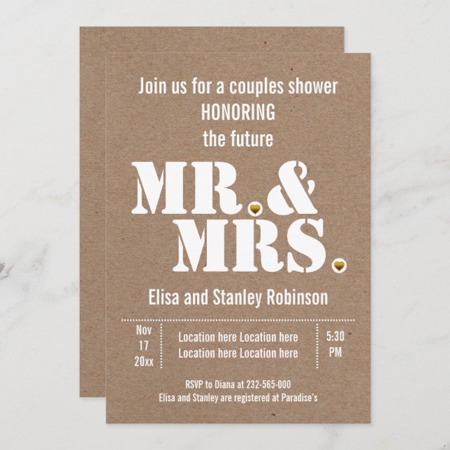 Mr. & Mrs. typography kraft paper wedding shower Invitation (Front/Back)