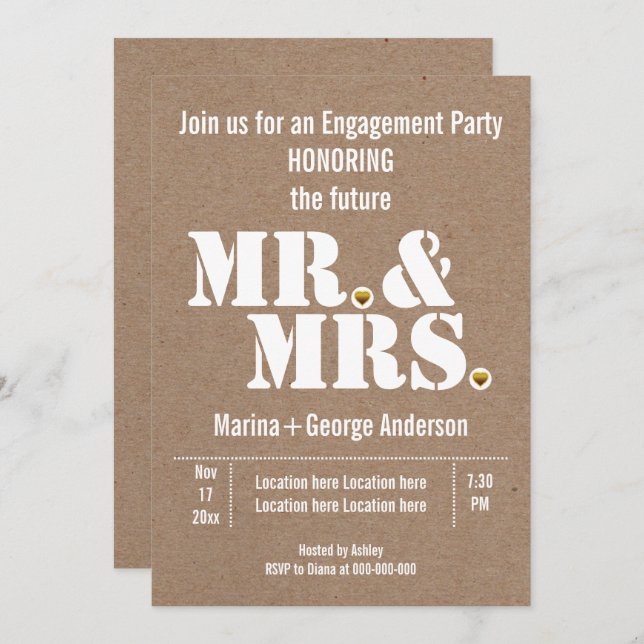 Mr & Mrs typography kraft wedding engagement party Invitation (Front/Back)