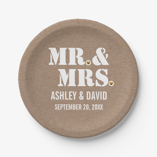 Mr. & Mrs. typography rustic kraft wedding Paper Plate (Front)