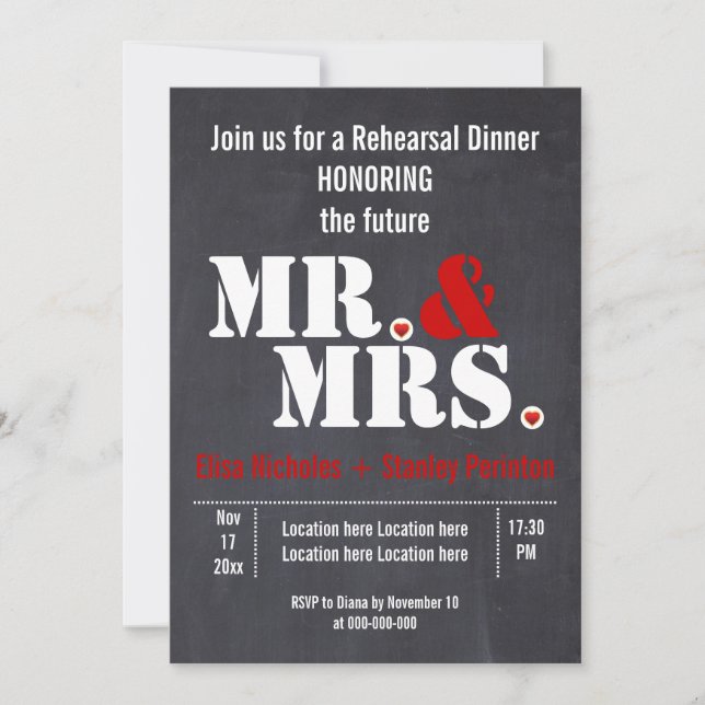 Mr. & Mrs. typography wedding rehersal dinner Invitation (Front)