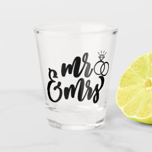 Mr. & Mrs. typography with hearts wedding Shot Glass