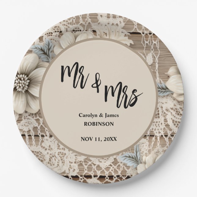 Mr & Mrs Vintage Lace Rustic Wedding  Paper Plate (Front)