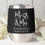 Mr Mrs Wedding Black<br><div class="desc">Custom black thermal tumbler to celebrate your wedding and anniversary featuring "Mr & Mrs" written in a large elegant white script and a white illustration of two wedding rings joined together. Add your name and wedding date in simple elegant white typography.</div>