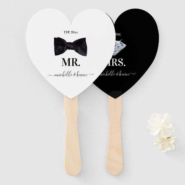 Mr. & Mrs. Wedding Black & White Hand Fan (Front and Back)