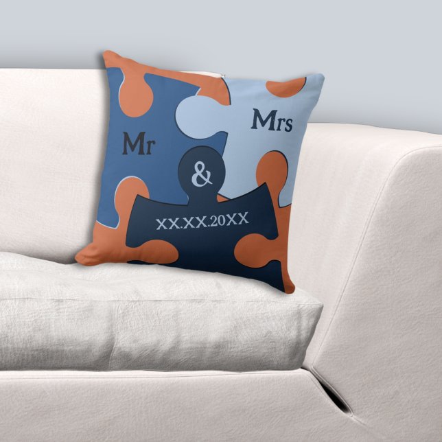Mr & Mrs Wedding Date Blue & Orange Puzzle Pieces Cushion (Mr & Mrs Wedding Date Blue & Orange Puzzle Pieces Throw Pillow)
