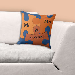 Mr & Mrs Wedding Date Orange & Blue Jigsaw Pieces Cushion
