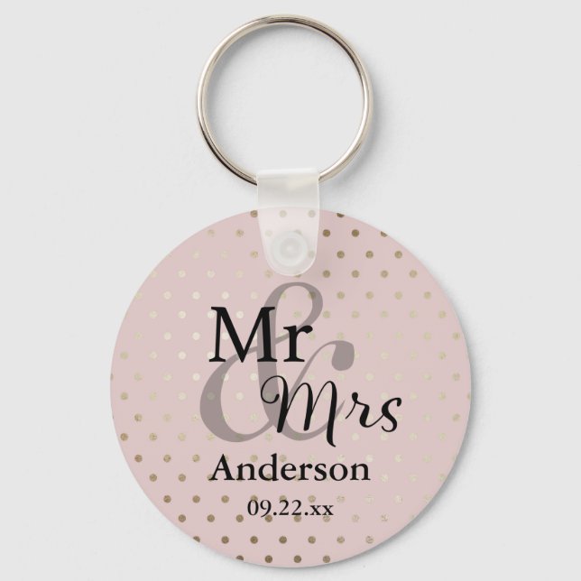 Mr & Mrs Wedding Favour Keyring Name/Date Rose Gol (Front)