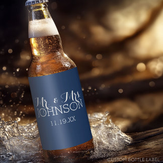 Mr & Mrs Wedding Favour - Minimalist Blue Beer Bottle Label