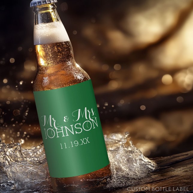 Mr & Mrs Wedding Favour - Minimalist Green Beer Bottle Label (Custom Party Beer Label - Wedding Anniversary)