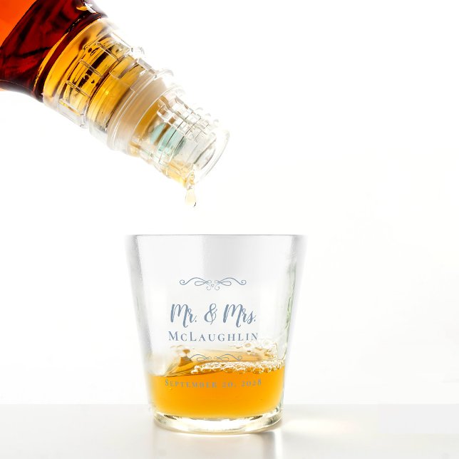 Mr & Mrs Wedding Name Date Monogrammed Dusty Blue Shot Glass (Mr & Mrs Wedding Name Date Monogrammed Dusty Blue Shot Glass)