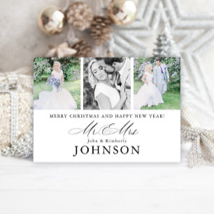Mr & Mrs Wedding Photo Collage Modern Monogram  Holiday Card