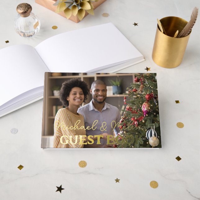 Mr & Mrs Wedding Photo Elegant Script Gold  Guest Book (Front Open)
