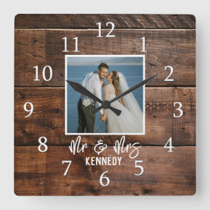 Mr & Mrs Wedding Photo Rustic Farmhouse Dark Wood Square Wall Clock
