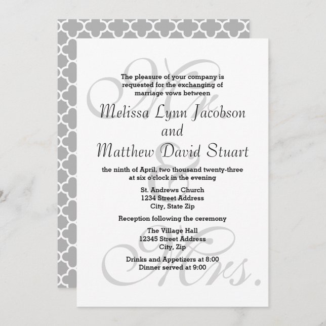 Mr. & Mrs. - Wedding & Reception Invitation (Front/Back)