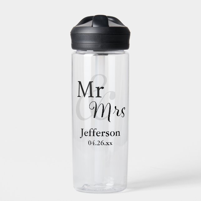 Mr & Mrs Wedding with Name & Date Water Bottle (Front)
