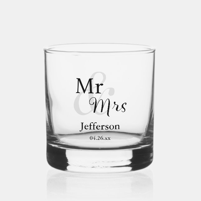 Mr & Mrs Wedding with Name & Date Whiskey Glass (Back)