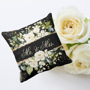 Mr & Mrs White Gold Botanical Floral Black Rustic  Cushion