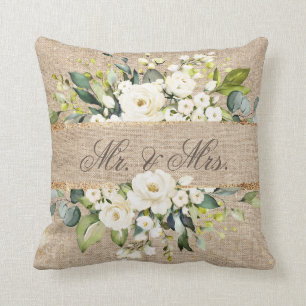 Mr & Mrs White Gold Botanical Floral Linen Rustic Cushion