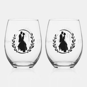Mr. & Mrs. with Bride and Groom Silhouette Stemless Wine Glass