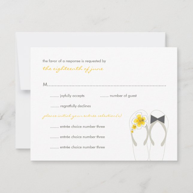 Mr & Mrs Yellow Flip Flops Beach Wedding RSVP Card (Front)