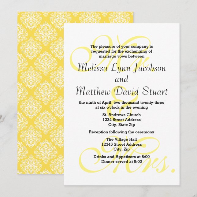 Mr. & Mrs. Yellow - Wedding & Reception Invitation (Front/Back)