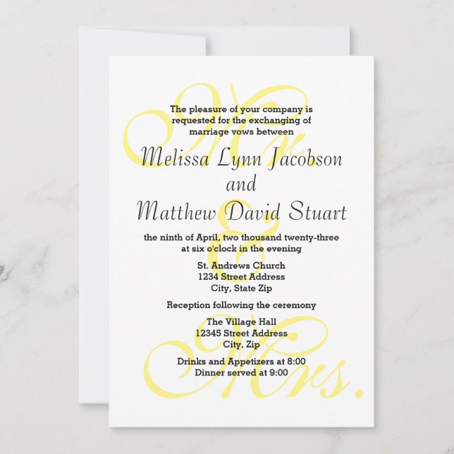 Mr. & Mrs. Yellow - Wedding & Reception Invitation (Front)