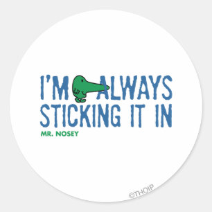 Mr. Nosey Nosing Around   Blue Lettering Classic Round Sticker