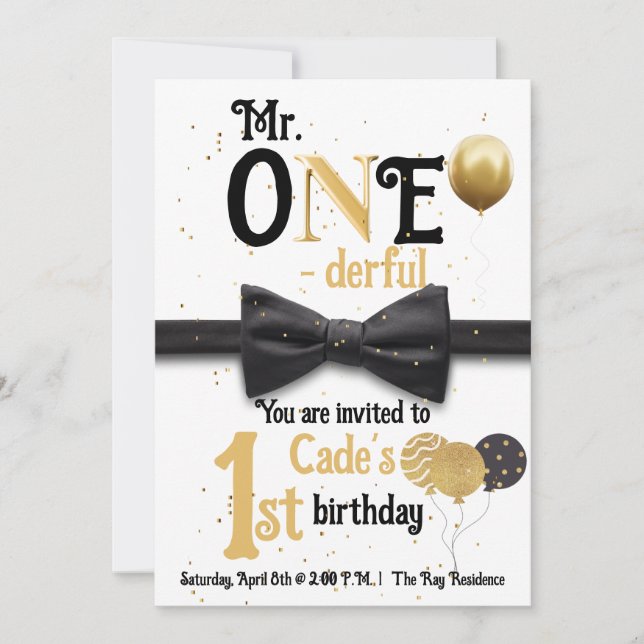Mr. One-derful Black and gold first birthday Invitation (Front)