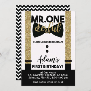 Mr. One-Derful Bow tie Black and Gold Tuxedo Invitation